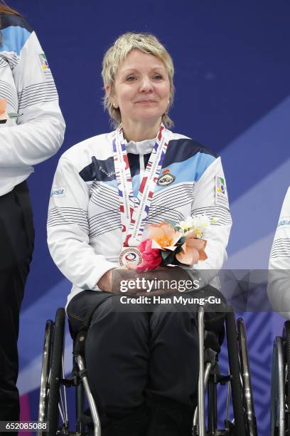 Angie Malone from Scotland attends the medal ceremony in the World Wheelchair Curling Championship 2017 - test event for PyeongChang 2018 Winter...