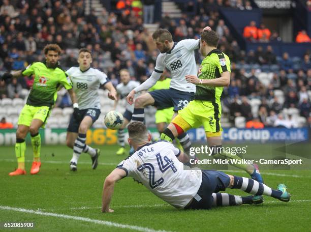 Preston North End's Tom Barkuizen scores his sides third goal during the Sky Bet Championship match between Preston North End and Reading at Deepdale...