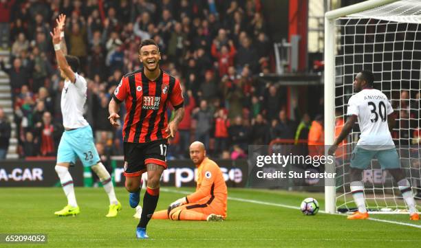 Joshua King of AFC Bournemouth celebrates scoring his sides second goal during the Premier League match between AFC Bournemouth and West Ham United...