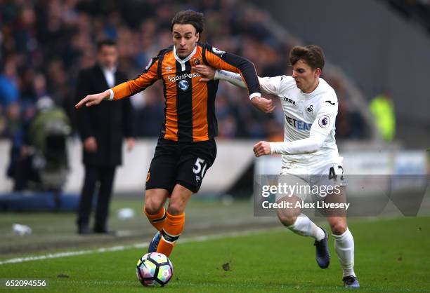 Lazar Markovic of Hull City battles with Tom Carroll of Swansea City during the Premier League match between Hull City and Swansea City at KCOM...