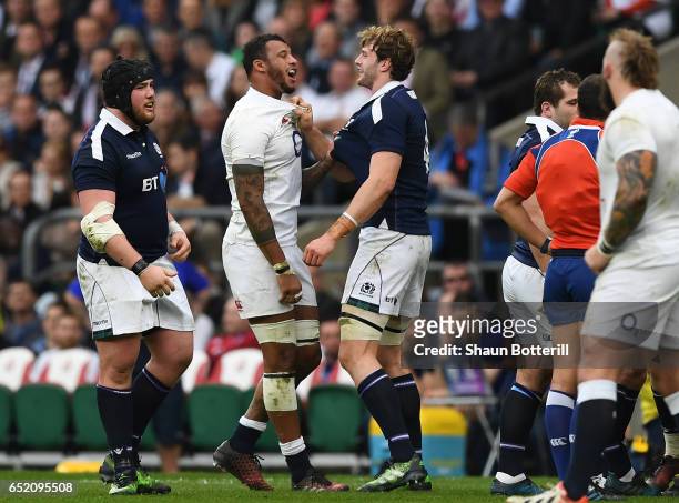 Courtney Lawes of England and Richie Gray of Scotland confront each other during the RBS Six Nations match between England and Scotland at Twickenham...