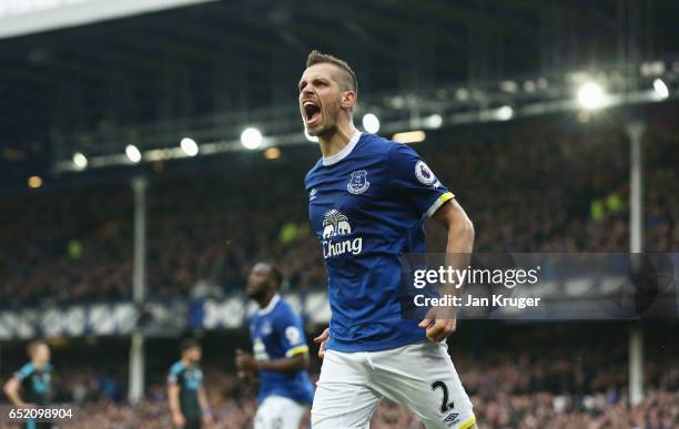 Morgan Schneiderlin of Everton celebrates scoring his sides second goal during the Premier League match between Everton and West Bromwich Albion at...