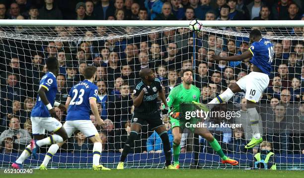 Romelu Lukaku of Everton scores his sides third goal during the Premier League match between Everton and West Bromwich Albion at Goodison Park on...