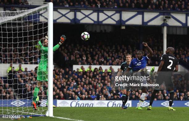 Romelu Lukaku of Everton scores his sides third goal during the Premier League match between Everton and West Bromwich Albion at Goodison Park on...