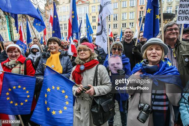 Protesters with European Union and Polish flags and anti-government slogans are seen on 11 March 2017 in Gdansk, Poland People take part in the...