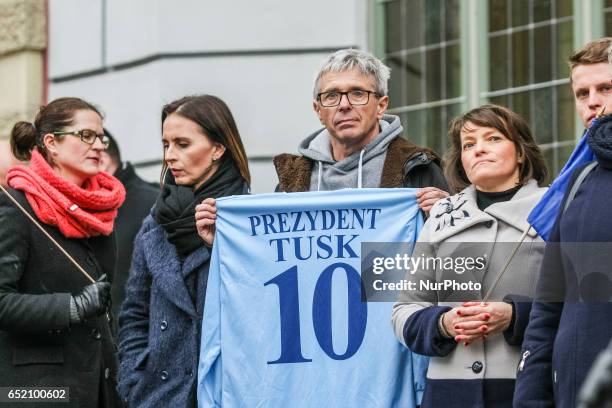 Anti-communist oppositionist and Donald Tusk friend Andrzej Kowlaczys Protesters with European Union and Polish flags and anti-government slogans are...