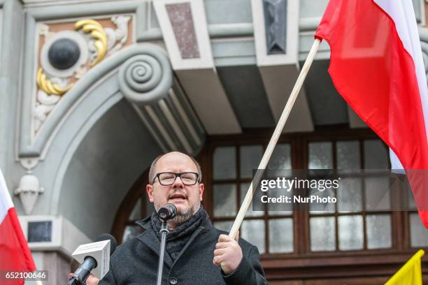 Mayor of Gdansk Pawel Adamowicz is seen on 11 March 2017 in Gdansk, Poland People take part in the protest supporting Donald Tusk, elected for second...