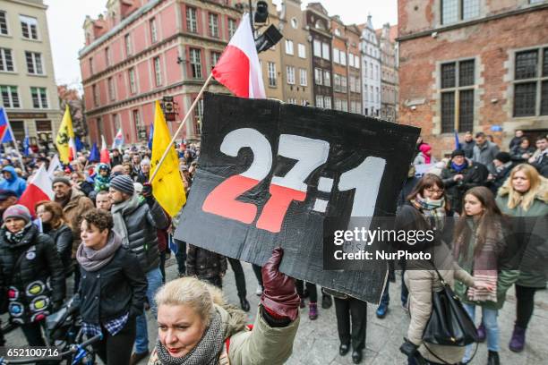 Protesters with banner that speaks 27:1 - the score of the EU Council president voting and European Union and Polish flags are seen on 11 March 2017...