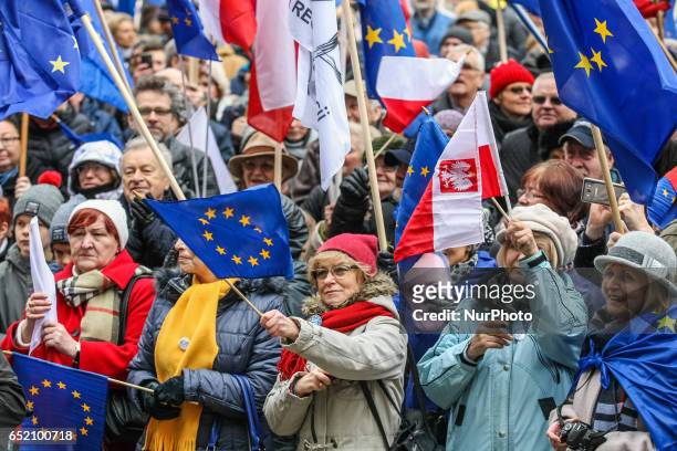 Protesters with European Union and Polish flags and anti-government slogans are seen on 11 March 2017 in Gdansk, Poland People take part in the...