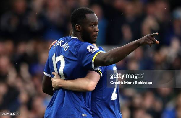 Romelu Lukaku of Everton celebrates scoring his sides third goal during the Premier League match between Everton and West Bromwich Albion at Goodison...