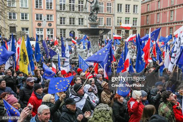 Protesters with European Union and Polish flags and anti-government slogans are seen on 11 March 2017 in Gdansk, Poland People take part in the...