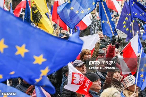 Protesters with European Union and Polish flags and anti-government slogans are seen on 11 March 2017 in Gdansk, Poland People take part in the...