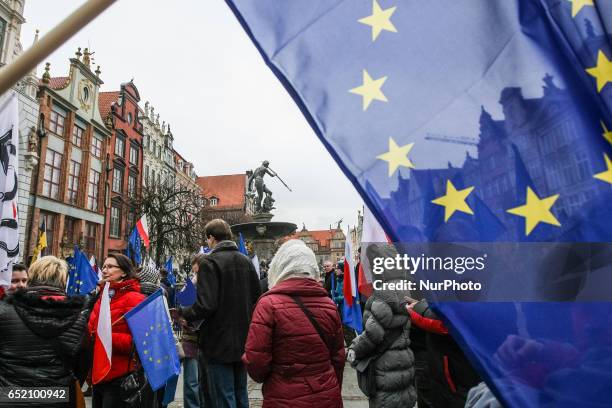 Protesters with European Union and Polish flags and anti-government slogans are seen on 11 March 2017 in Gdansk, Poland People take part in the...