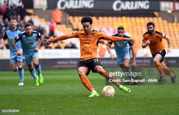 Helder Costa of Wolverhampton Wanderers takes a penalty kick which was saved during the Sky Bet Championship match between Wolverhampton Wanderers...