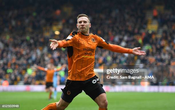 Andy Weimann of Wolverhampton Wanderers celebrates after scoring a goal to make it 1-0 during the Sky Bet Championship match between Wolverhampton...