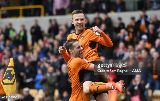 Andy Weimann of Wolverhampton Wanderers celebrates after scoring a goal to make it 1-0 with Dave Edwards of Wolverhampton Wanderers during the Sky...