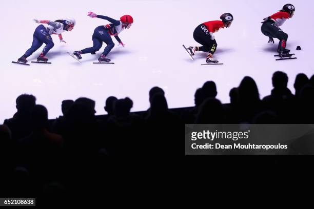 Fan Kexin of China, Marianne St-Gelais of Canada, Kim Jiyoo of South Korea and Elise Christie of Great Britain in the 500m Ladies race final at ISU...