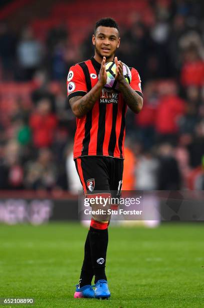 Joshua King of AFC Bournemouth shows appreciation to the fans after the Premier League match between AFC Bournemouth and West Ham United at Vitality...