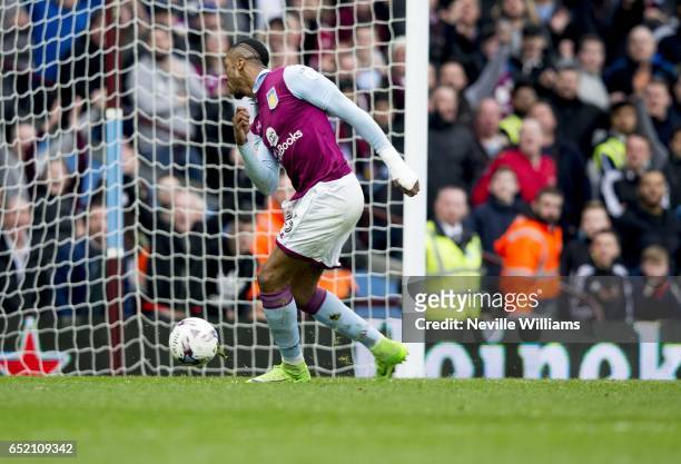 Jonathan Kodjia of Aston Villa scores his second goal for Aston Villa during the Sky Bet Championship match between Aston Villa and Sheffield...