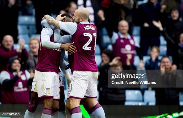 Jonathan Kodjia of Aston Villa scores his second goal for Aston Villa during the Sky Bet Championship match between Aston Villa and Sheffield...