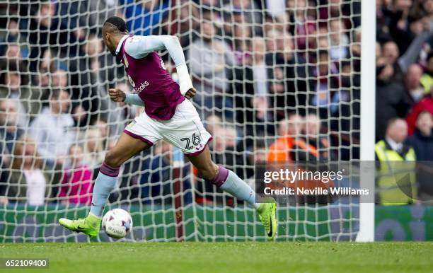 Jonathan Kodjia of Aston Villa scores his second goal for Aston Villa during the Sky Bet Championship match between Aston Villa and Sheffield...