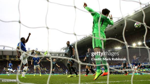 Romelu Lukaku of Everton scores his sides third goal past goalkeeper Ben Foster of West Bromwich Albion during the Premier League match between...