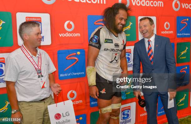 Man of the Match Liaki Moli of Sunwolves during the Super Rugby match between Toyota Cheetahs and Sunwolves at Toyota Stadium on March 11, 2017 in...