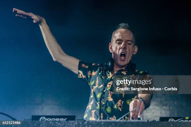 English DJ, musician and record producer/mixer Fatboy Slim performs on stage on March 10, 2017 in Milan, Italy.