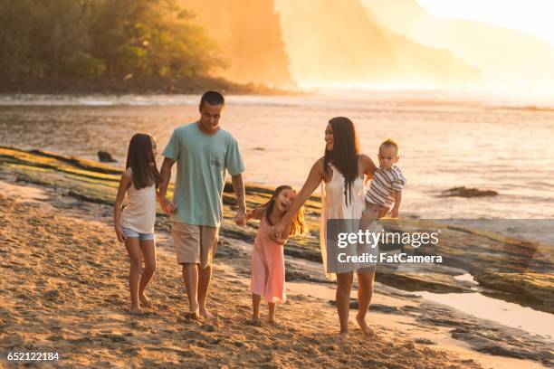 de familie vakantie hawaii op strand - fat guy on beach stockfoto's en -beelden