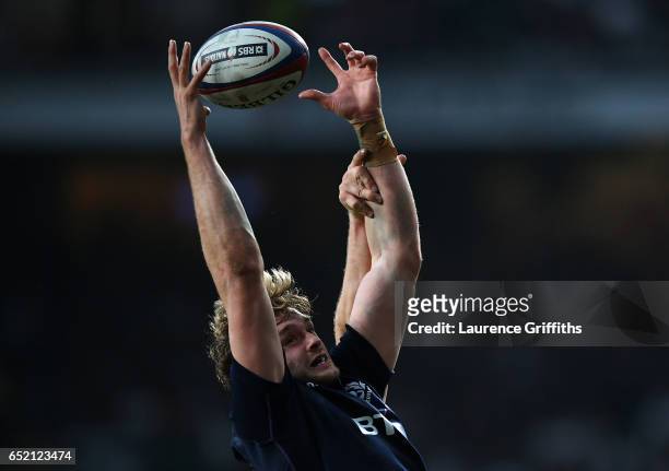 Richie Gray of Scotland catches the ball during the RBS Six Nations match between England and Scotland at Twickenham Stadium on March 11, 2017 in...