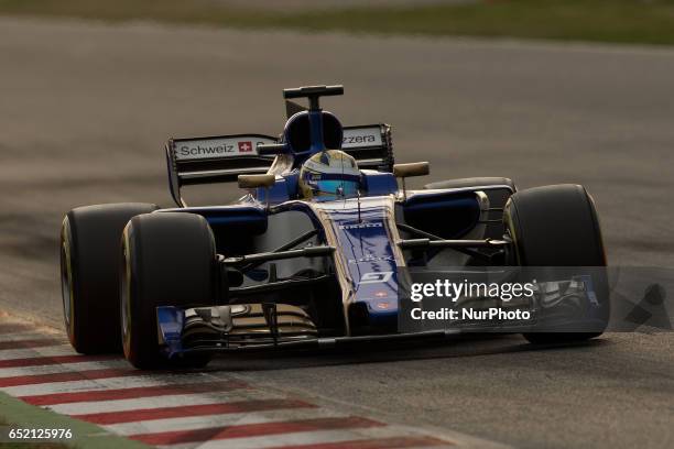 The Sauber of Marcus Ericsson during the Formula 1 tests held in action during the Formula One winter testing at Circuit de Catalunya on March 10,...
