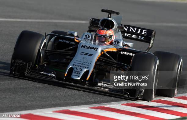 Esteban Ocon of France driving the Sahara Force India F1 Team VJM10 in action during the Formula One winter testing at Circuit de Catalunya on March...