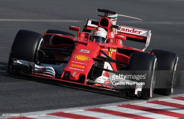 Sebastian Vettel of Germany driving the Scuderia Ferrari SF70H in action during the Formula One winter testing at Circuit de Catalunya on March 10,...