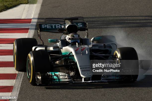 Valtteri Bottas driving the Mercedes AMG Petronas F1 Team Mercedes F1 WO8 in action during the Formula One winter testing at Circuit de Catalunya on...