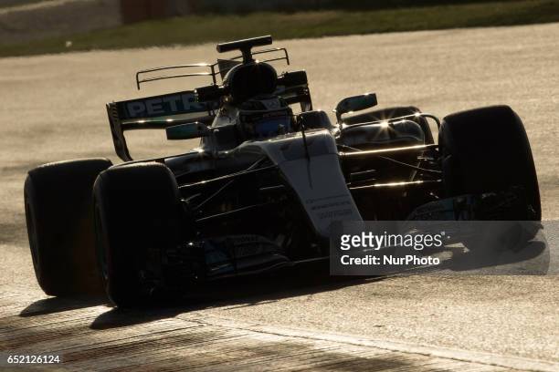 Valtteri Bottas driving the Mercedes AMG Petronas F1 Team Mercedes F1 WO8 in action during the Formula One winter testing at Circuit de Catalunya on...