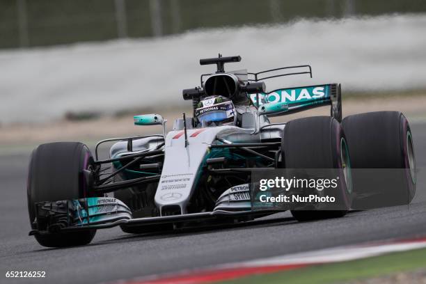 Valtteri Bottas driving the Mercedes AMG Petronas F1 Team Mercedes F1 WO8 in action during the Formula One winter testing at Circuit de Catalunya on...