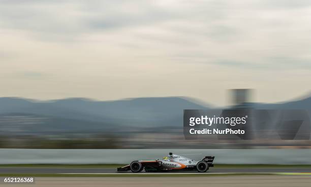 Sergio Perez - Sahara Force India VJM10 in action during the Formula One winter testing at Circuit de Catalunya on March 10, 2017 in Montmelo, Spain.