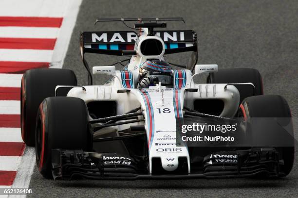 Lance Stroll from Canada of Williams f1 Mercedes FW40 in action during the Formula One winter testing at Circuit de Catalunya on March 10, 2017 in...