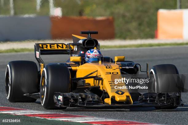 Jolyon Palmer of Great Britain driving the Renault Sport Formula One Team Renault RS17 in action during the Formula One winter testing at Circuit de...