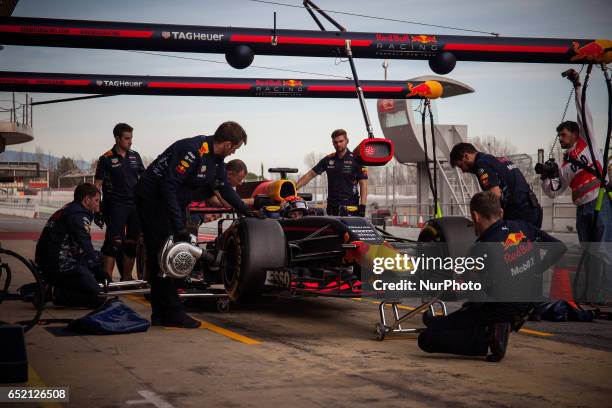 Max Verstappen from Nederlans of Red Bull Tag Heuer RB13 in action during the Formula One winter testing at Circuit de Catalunya on March 10, 2017 in...