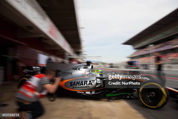 Sergio Perez - Sahara Force India VJM10 in action during the Formula One winter testing at Circuit de Catalunya on March 10, 2017 in Montmelo, Spain.