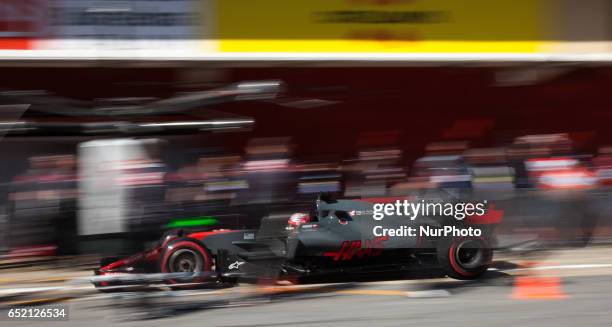 Romain Grosjean of France driving the Haas F1 Team Haas-Ferrari VF-17 Ferrari in action during the Formula One winter testing at Circuit de Catalunya...