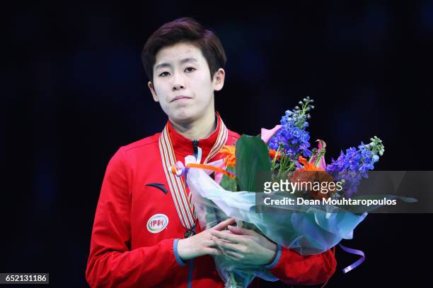 Kexin Fan of China with the gold medal on the podium after the Ladies 500m Final during day one of ISU World Short Track Championships at Rotterdam...