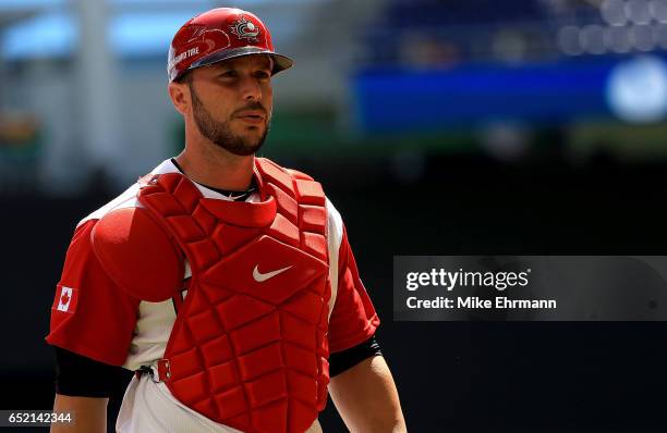 George Kottaras of Canada looks on during a Pool C game of the 2017 World Baseball Classic against Colombia at Miami Marlins Stadium on March 11,...