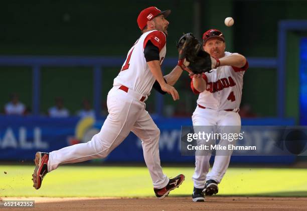 Jonathan Malo and Pete Orr of Canada field a ground ball during the second inning during a Pool C game of the 2017 World Baseball Classic against...