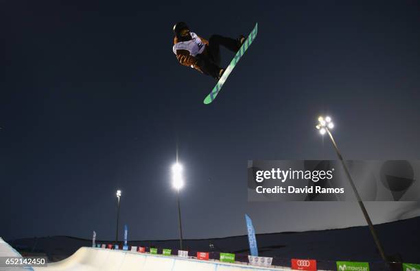 Yiwei Zhang of China in training prior to the Men's Snowboard Halfpipe Final on day four of the FIS Freestyle Ski and Snowboard World Championships...