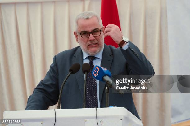 Moroccan Prime Minister Abdelilah Benkirane delivers a speech during the event organized by Justice and Development Party in Oualidia, Morocco on...