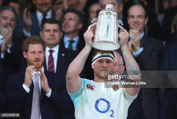 Dylan Hartley of England lifts the The Calcutta cup after the RBS Six Nations match between England and Scotland at Twickenham Stadium on March 11,...