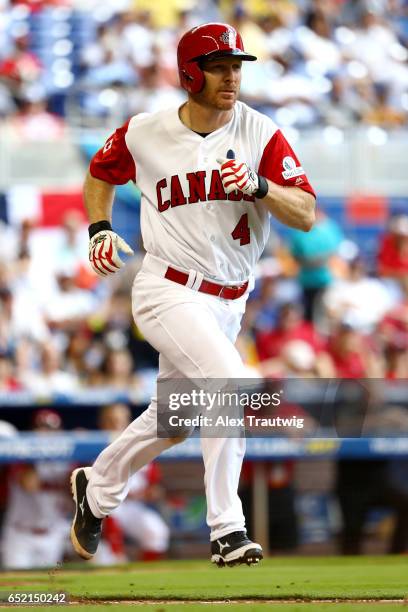 Pete Orr of Team Canada runs to first base during Game 3 Pool C of the 2017 World Baseball Classic against Team Colombia on Saturday, March 11, 2017...