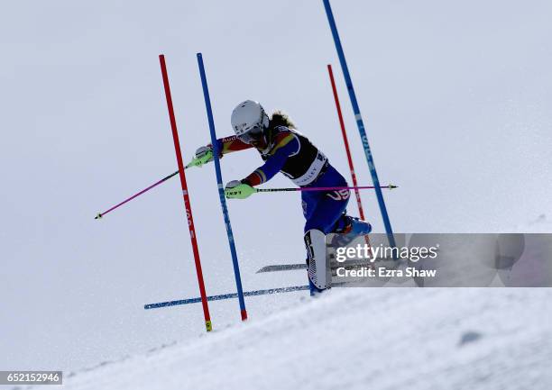 Resi Stiegler of the United States crashes during the first run of the Audi FIS World Cup Ladies' Slalom on March 11, 2017 in Squaw Valley,...